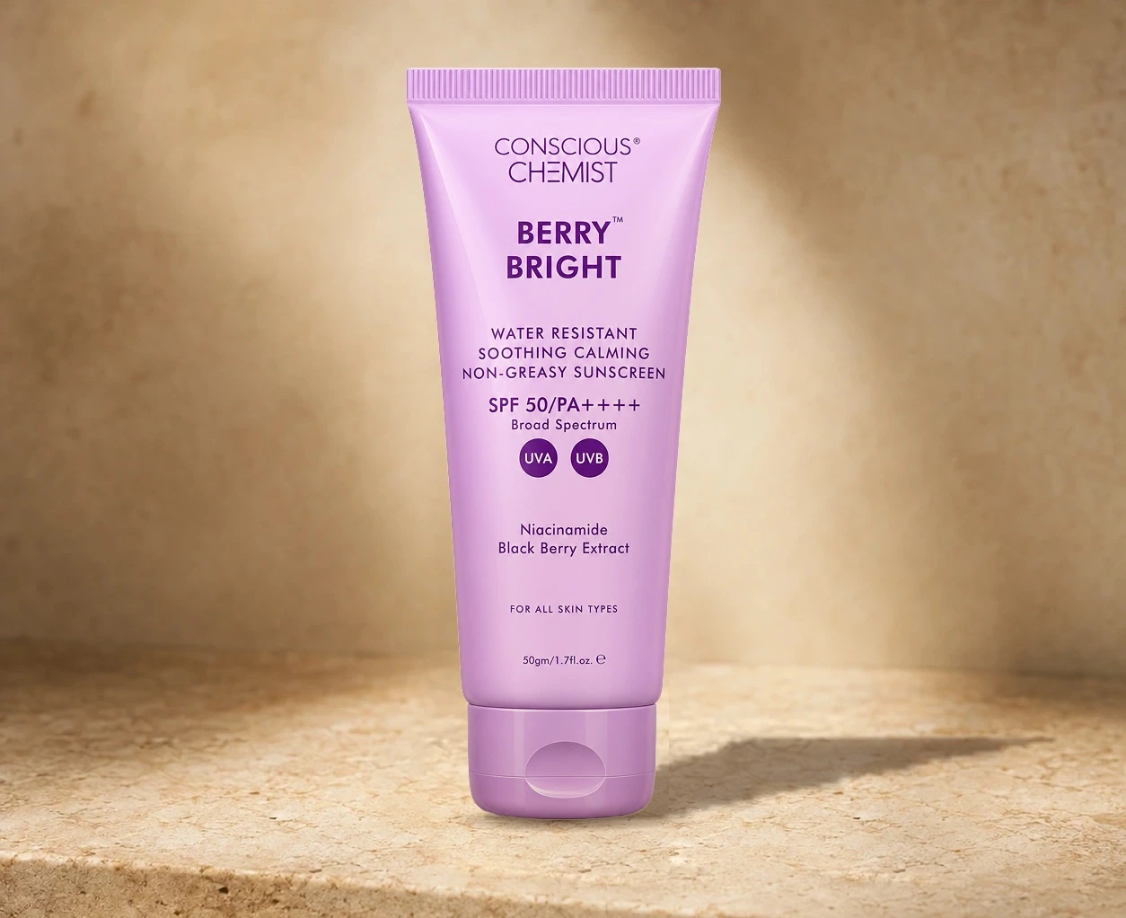 Conscious Chemist Berry Bright Water Resistant Soothing Calming Non-Greasy Sunscreen SPF50 PA++++ 50gm | Shoppaton Store skincare Nigeria