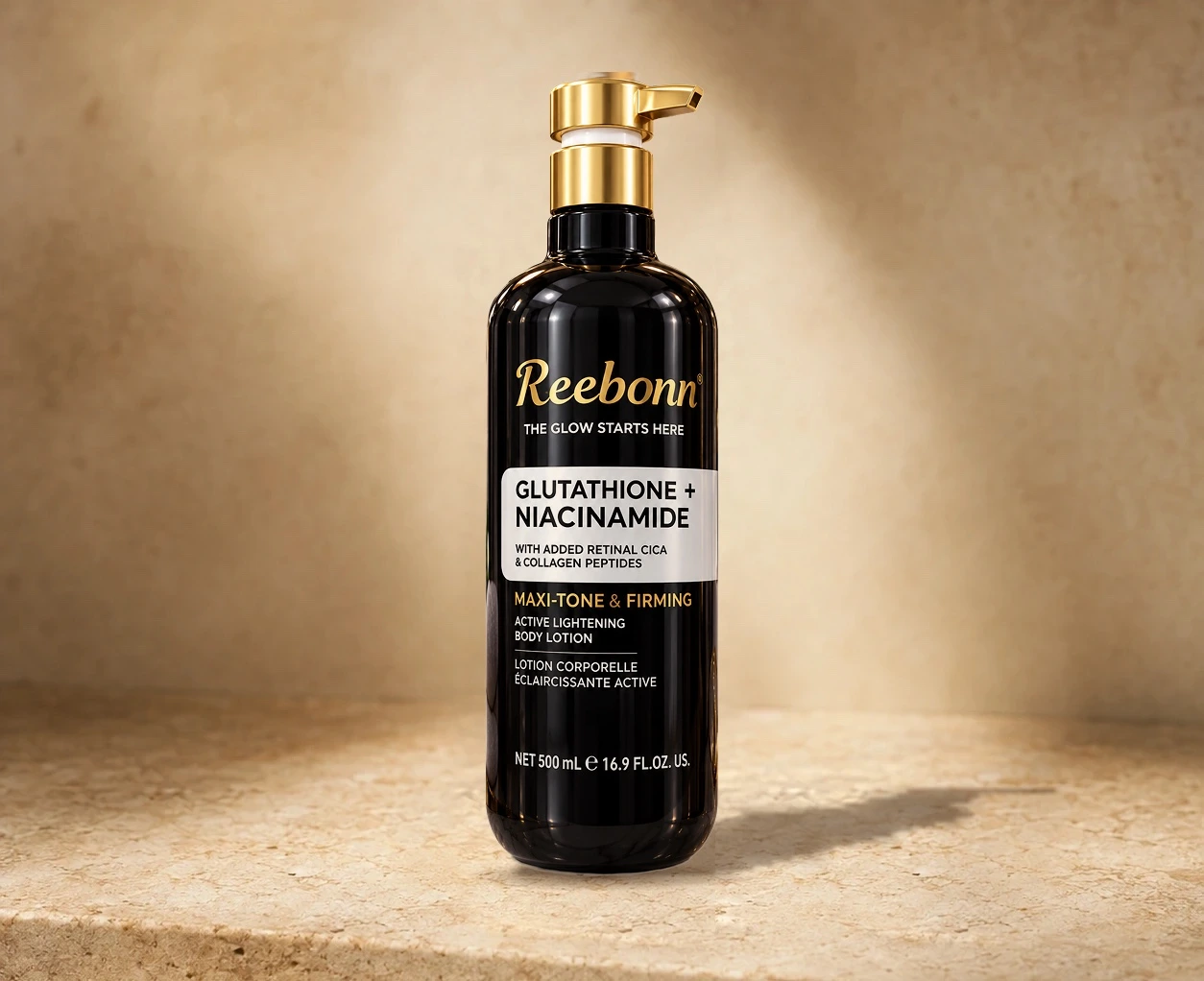 Reebonn Glutathione + Niacinamide Maxi-Tone & Firming Active Lightening Body Lotion, 500 ml / 16.9 fl oz. | Shoppaton Store skincare Nigeria